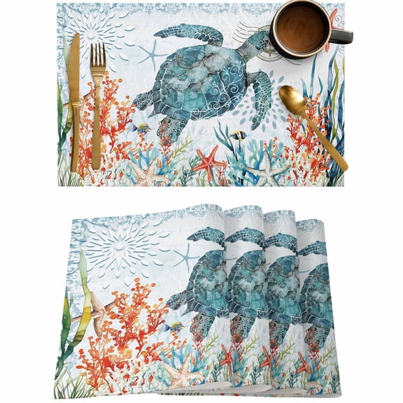 Sea Turtle Ocean Coral Starfish Placemats Set of 4,Wipeable Washable Table Mats for Dining Tables,Blue Underwater World Place Mats for Kitchen Event Party Tabletop Decor
