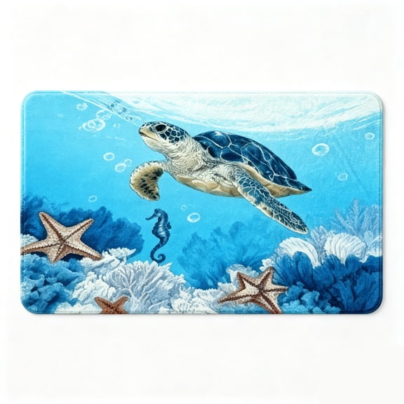 Sea Turtle Ocean Floor Mat Coastal Underwater Themed Rug
