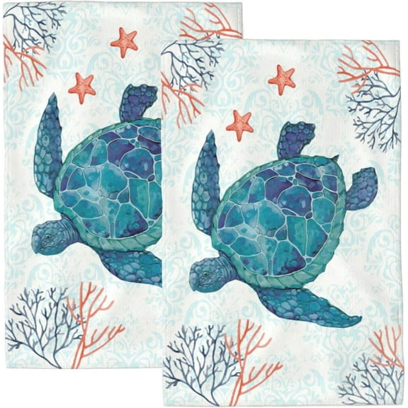 Sea Turtle Ocean Hand Towel for Bathroom 2 Pcs Decorative Kitchen Towels Kitchen Decor Absorbent Dish Towels Fast Drying Tea Towel Dishcloth with Hanging Loop 16"X24”