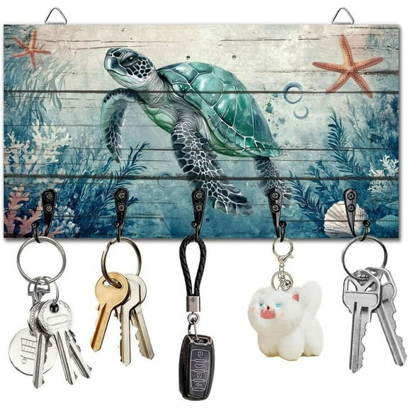 Sea Turtle Ocean Key Holder Key Hooks Organizer Hanger Rack Wall Mounted Wooden Key Rack with 5 Key Hooks for Home Entryway Front Door Kitchen Hallway Bedroom Wall Decorative Key Storage colorful DIY