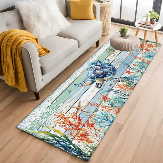 Sea Turtle Ocean Kitchen Runner Rug 2x6 Washable Runners for Hallway Non Slip Summer Beach Coastal Coral Wooden Large Area Rug Indoor Floor Carpet for Bathroom Laundry Entryway Bedroom Living Room