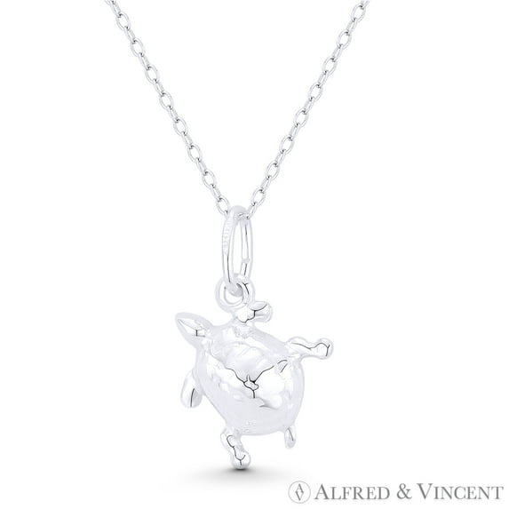 Sea Turtle Ocean Sealife Charm 3D 23x13mm (0.9x0.5in) Pendant & Chain Necklace in .925 Sterling Silver