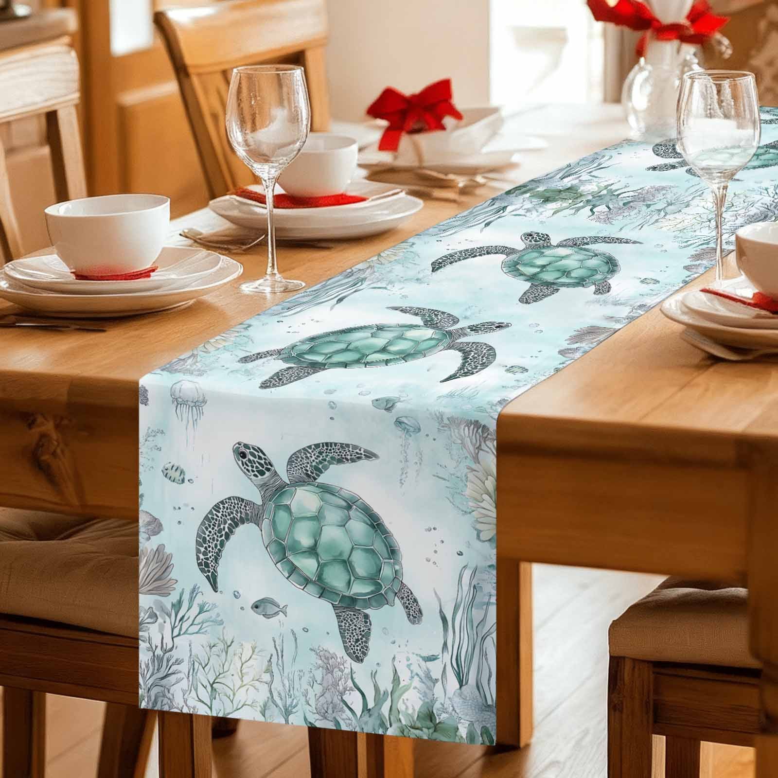Sea Turtle Ocean Seaweed Cyan Table Runner 36 Inches Long,Kitchen ...
