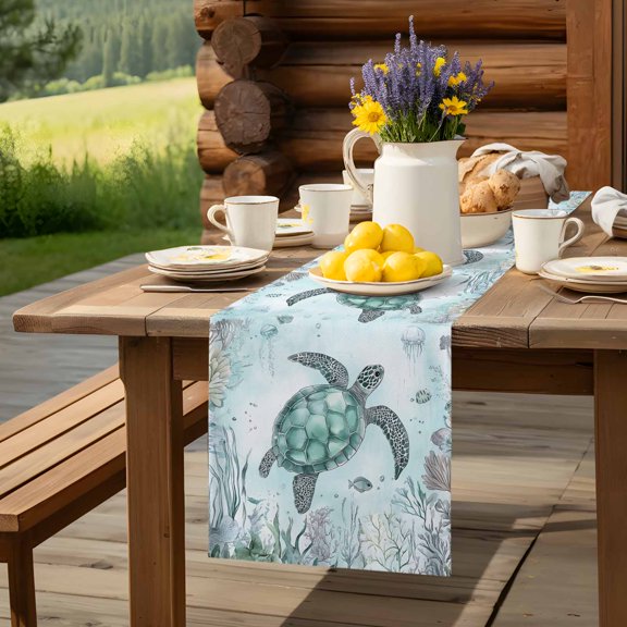 Sea Turtle Ocean Seaweed Cyan Table Runner 60 Inch Long Fish Jellyfish Ocean World Table Runners Linen Burlap Tablerunner for Kitchen Dining Room Holiday Party