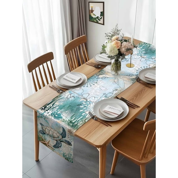 Sea Turtle Ocean Starfish Coral Table Runner 90 Inches Long, Vintage Map Blue Ocean World Table Runners Tabletop Scarf Kitchen Dining Tables Decoration for Home Party Indoor Outdoor