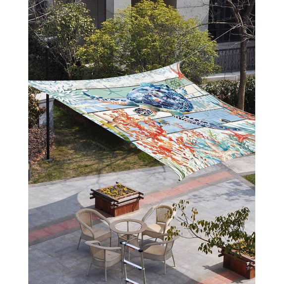 Sea Turtle Ocean Sun Shade Sail 8'x10' Rectangle Outdoor Shade Canopy, Summer Beach Coastal Coral Wooden Porch Shades Outdoor Sun Blocking Screen, Sunshade Cloth Covers for Patio/Deck/Garden
