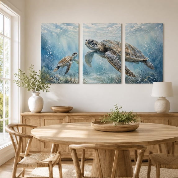 Trypyich Sea Turtle Ocean Wall Art Set, Blue Coastal Triptych For Beach House ...