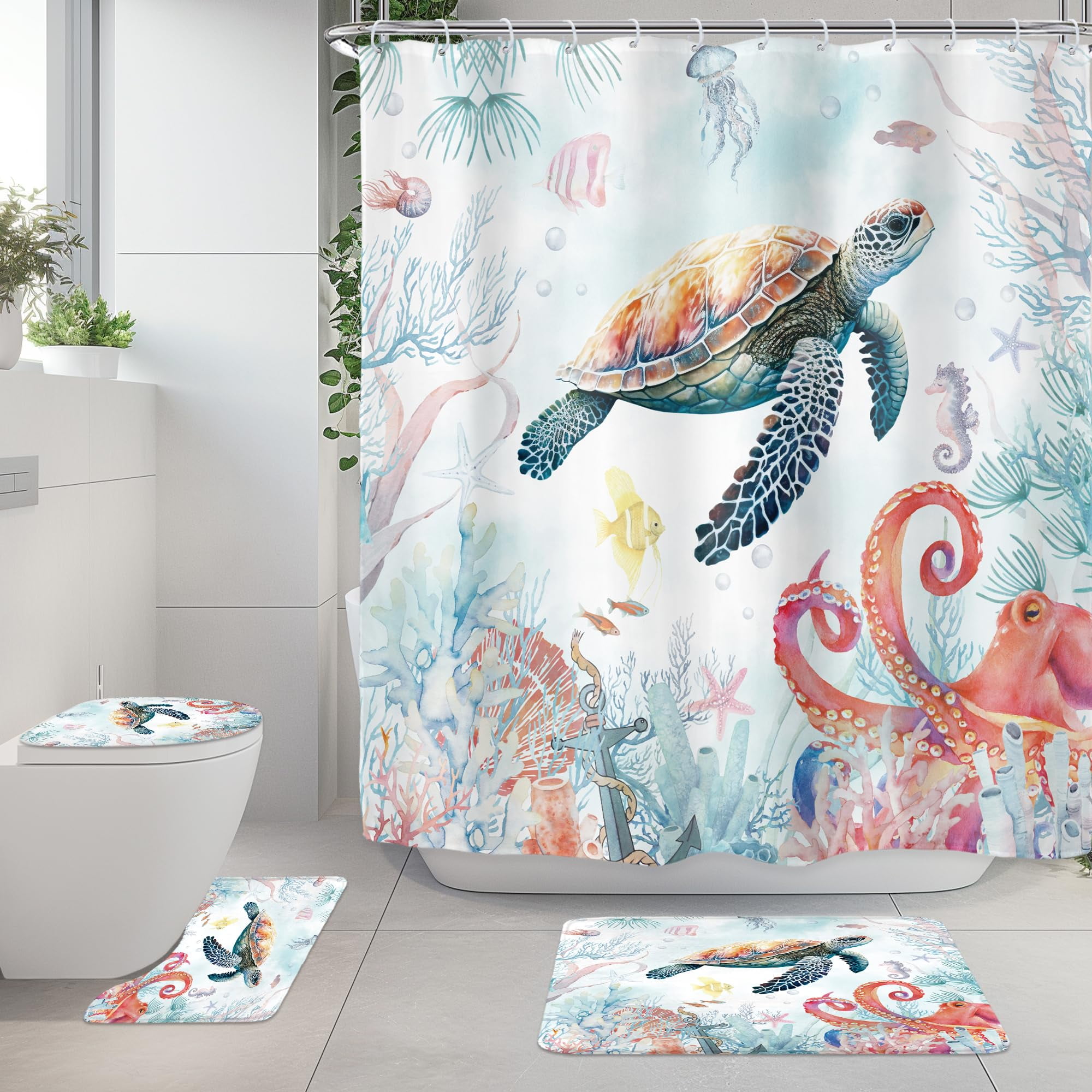 Sea Turtle Octopus 4Pcs Bathroom Shower Curtain Sets Kids Ocean Beach  Underwater Bathroom Decor Set with Rugs and Accessories Starfish Toilet Lid  Rug, Contour and Bath Mat with 12 Hooks - Walmart.com, image size:2000x2000