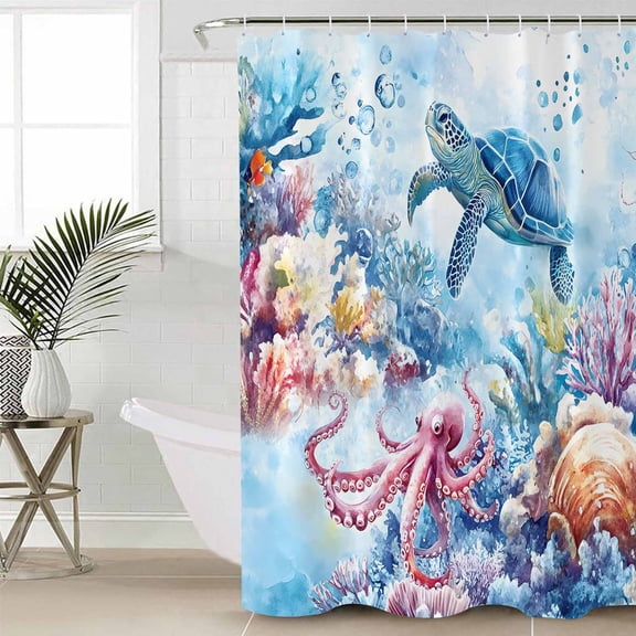 Sea Turtle Octopus Extra Long Shower Curtain Set, Waterproof Shower Curtains for Bathroom, Coastal Coral Summer Ocean Watercolor Washable Fabric Cloth Bath Curtain for Bathtub with Hooks 72x96 Inches