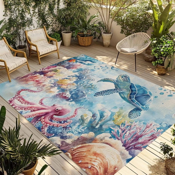 Sea Turtle Octopus Outdoor Rug 5x7 Ft - Reversible Patio Rug Outdoor Camping Rugs, Coastal Coral Summer Ocean Beige Washable Indoor Outdoor Area Rugs, Non-Slip Outdoor Carpet Runner for Deck/Porch