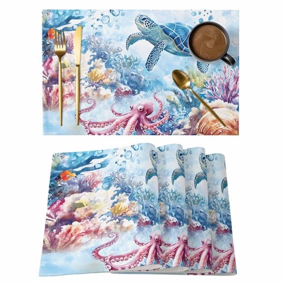 Sea Turtle Octopus Placemats Set of 4 Coastal Coral Summer Ocean Watercolor Place Mats Indoor Wipeable Table Mats Washable Cloth Dining Table Placemats for Kitchen Holiday Party Home Decor 13x19 Inch