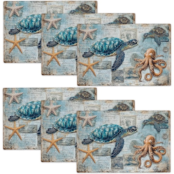 Sea Turtle Octopus Placemats Set of 6 Beach Table Mats Vintage Place Mats Decor Imitation Linen Heat Resistant Ocean Animals Tablecloth for Dining Decoration Kitchen Party Restaurants 12''x18''