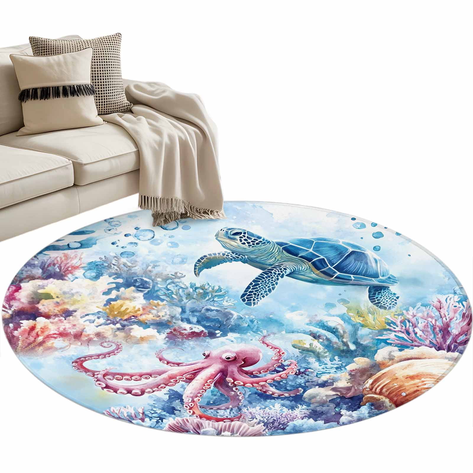 Round Turtle Rug Sea Turtle Octopus Round Area Rug 3 FT, Small Kitchen Bathroom Mat ...
