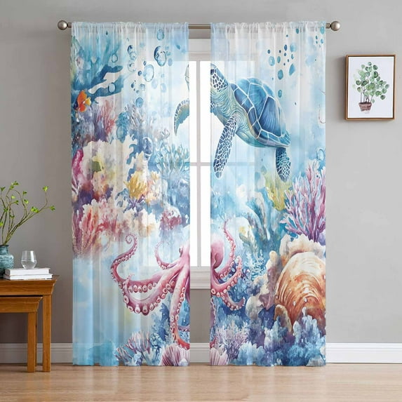 Sea Turtle Octopus Semi Sheer Curtains 72 Inch Length 2 Panels Set, Coastal Coral Summer Ocean Watercolor Sheer Kitchen Curtain Privacy Voile Window Curtain for Living Room Bedroom Rod Pocket Drapes