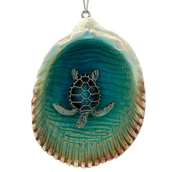 Sea Turtle Ornament - Clam Shell Ocean Holiday Christmas Tree Decoration, Blue