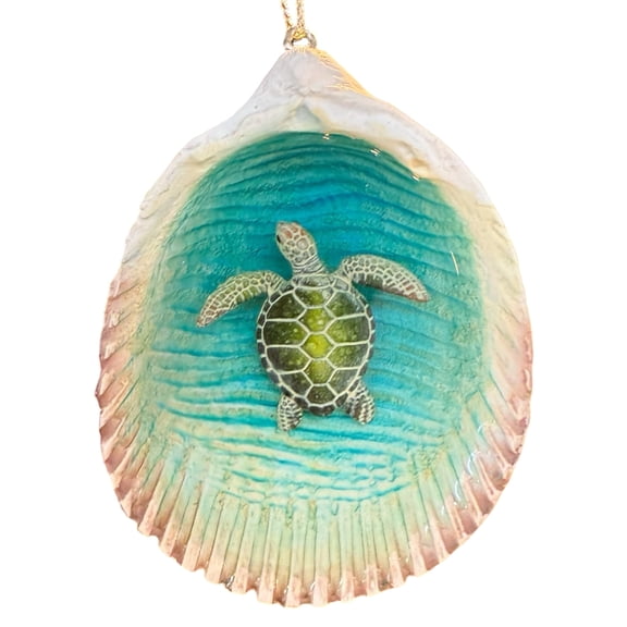 Sea Turtle Ornament - Clam Shell Ocean Holiday Christmas Tree Decoration, Green