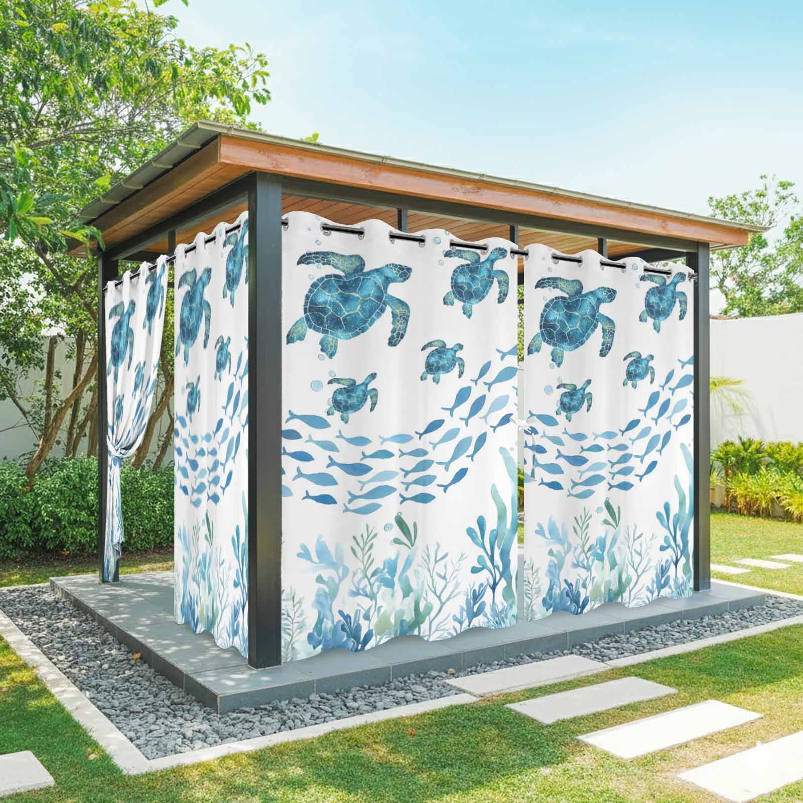 Sea Turtle Outdoor Curtains for Patio, Watercolor Ocean Blue Turtle Fish Seaweed Sunshade Privacy Drapes Grommet Waterproof Outside Curtains for Porch/Cabana/Balcony 54"x 95", 2 Panel