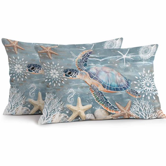 Sea Turtle Outdoor Pillow Covers Pack of 2 Coral Starfish Coral Marine Life Waterproof Throw Pillow Covers Decorative Cushion Cases for Patio Garden Tent Balcony Couch 20x12 inch