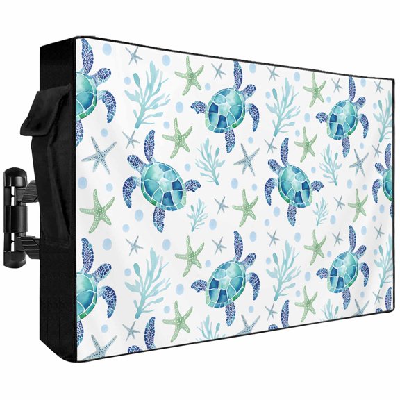Sea Turtle Outdoor TV Cover 30 to 32 inch Ocean Starfish Watercolor Coral Waterproof Dustproof TV Covers for Outside with Zipper Remote Control Pocket Flat Screen Protectors
