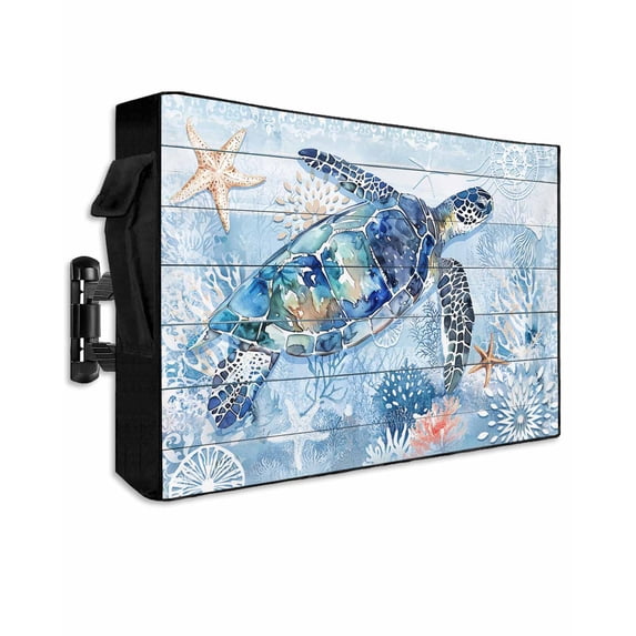 Sea Turtle Outdoor TV Cover 48 to 50 inch Ocean Starfish Coral Blue Wood Grain Waterproof Dustproof TV Covers for Outside with Zipper Remote Control Pocket Flat Screen Protectors