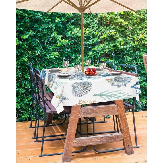 Sea Turtle Outdoor Tablecloth - 60x60 Inch Square Dining Table Cover, Nautical Coastal Beach Coral Shell Starfish Waterproof Outdoor Table Cloth with Umbrella Hole & Zipper for Picnic/Patio
