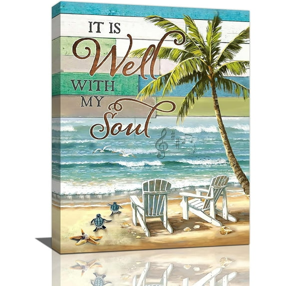 Sea Turtle Palm Tree Bathroom Wall Art Beach Coastal Pictures Ocean Wall Decor Nautical Canvas Prints Painting Beach Decorations Framed Artwork for Bathroom Living Room Bedroom 12"x16"