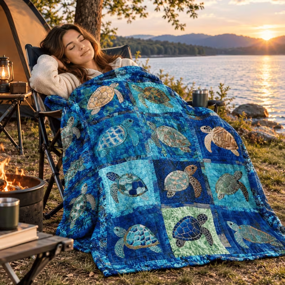 Sea Turtle Patchwork Quilt Blanket, Beach Themed Lightweight Bed Cover, Soft Reversible Throw For Bedroom And Couch,150X200Cm