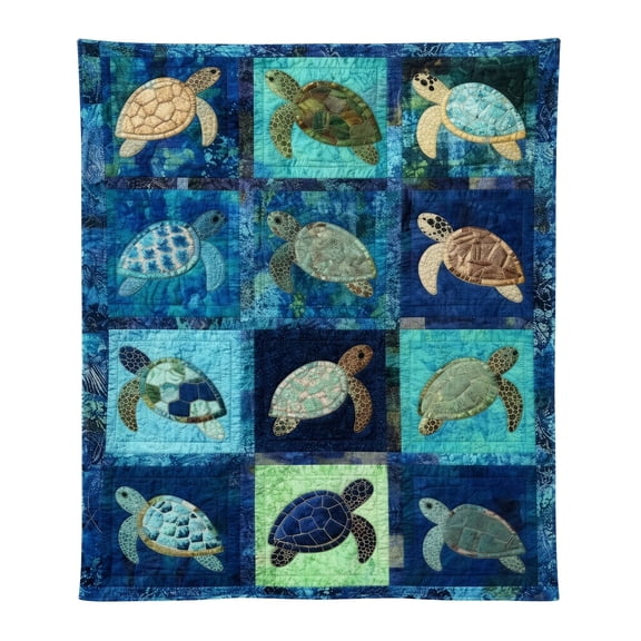 Sea Turtle Patchwork Quilt Blanket Beach Themed Lightweight Bed Quilt Soft Reversible Coverlet For Bedroom Couch 4 Sizes Coastal Sea Turtle Home Throw Blanket
