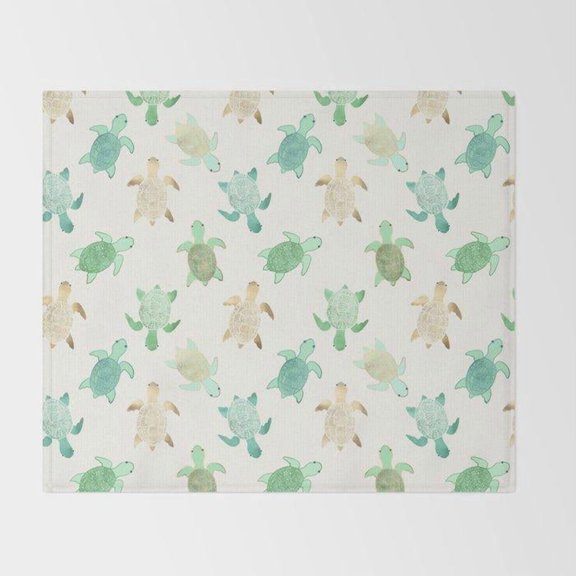 Sea Turtle Pattern in Ivory, Mint Green and Beige Fleece Blanket, Polyester Fleece Fabric, 280 GSM, Coastal Style
