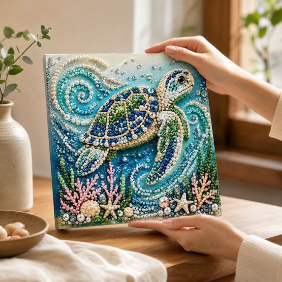 Sea Turtle Pearl Diamond Art Kit, Ocean Animal Diamond Painting with Pearl Rhinestones, 11.8 in DIY Home Decor Craft for Adults