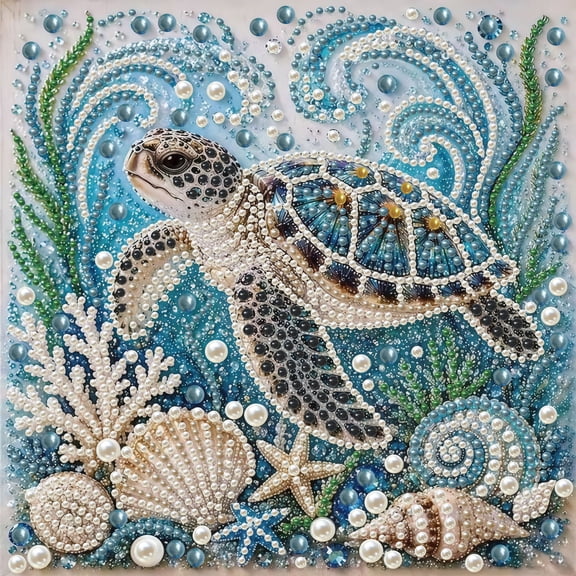 Sea Turtle Pearls Diamond Art Kits for Adults, Ocean Diamond Painting Kits for Beginners, 3D DIY Special Shape Pearls Art Crafts for Home Wall Decor 12x12in