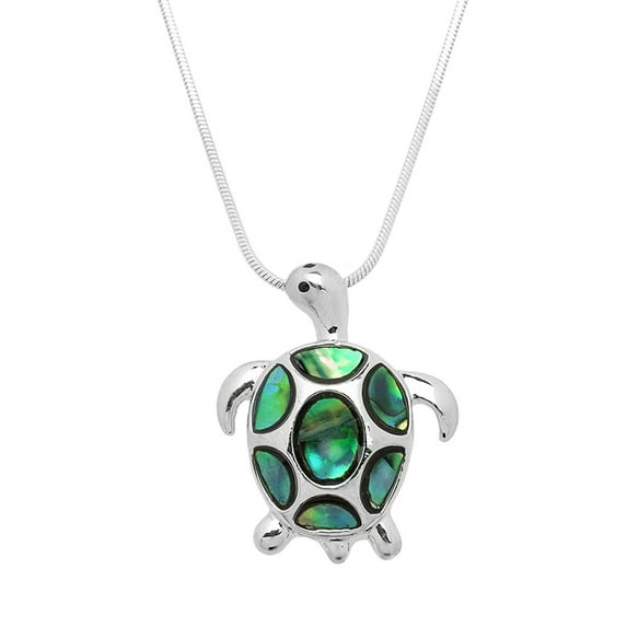 Sea Turtle Pendant Necklace Abalone Shell Rhodium Plated 17 Inch Snake Chain J0660