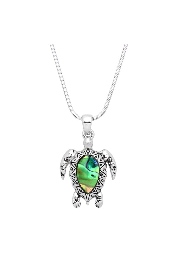 Sea Turtle Pendant Necklace Abalone Shell Rhodium Plated 17 Inch Snake Chain J0793