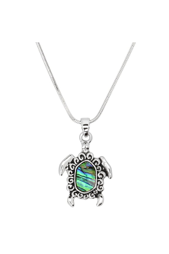 Sea Turtle Pendant Necklace Abalone Shell Rhodium Plated 17 Inch Snake Chain J0902