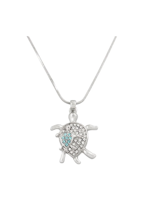 Sea Turtle Pendant Necklace Aqua Clear Rhinestone Crystal Rhodium Plated 17 Inch Snake Chain J0130-CR