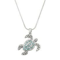 Sea Turtle Pendant Necklace Aqua Color Rhinestone Crystal Rhodium Plated 17 Inch Snake Chain J0096-AQ