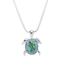 Sea Turtle Pendant Necklace Earring Rhinestone Crystal Abalone Shell Rhodium Plated 17 Inch Snake Chain J0664