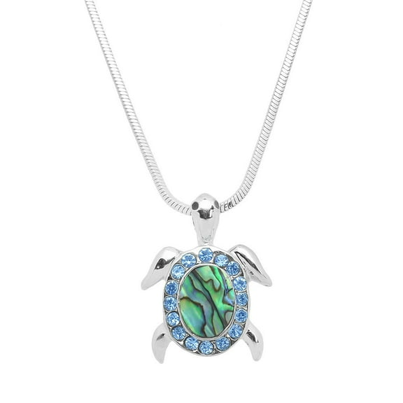 Sea Turtle Pendant Necklace Earring Rhinestone Crystal Abalone Shell Rhodium Plated 17 Inch Snake Chain J0664