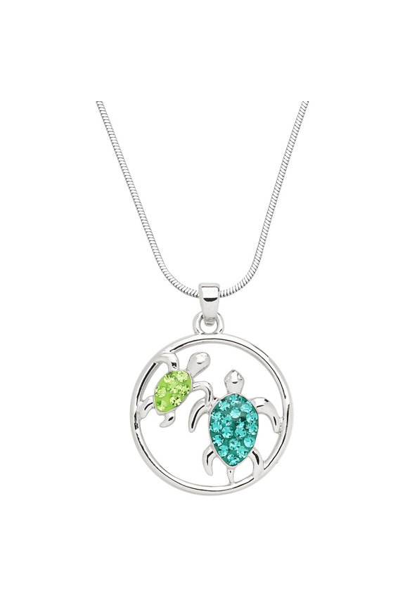 Sea Turtle Pendant Necklace Rhinestone Crystal Rhodium Plated 17 Inch Snake Chain J0955