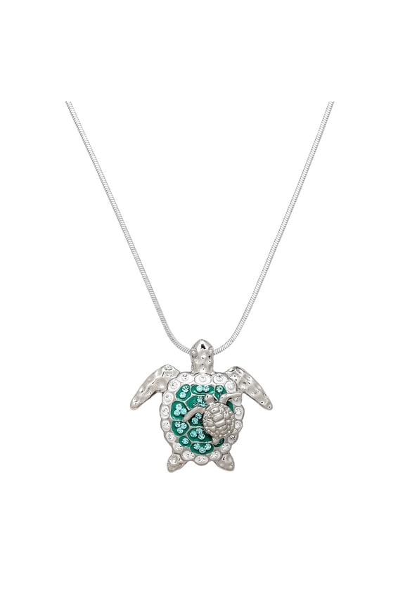 Sea Turtle Pendant Necklace Rhinestone Crystal Rhodium Plated 17 Snake Chain J1084