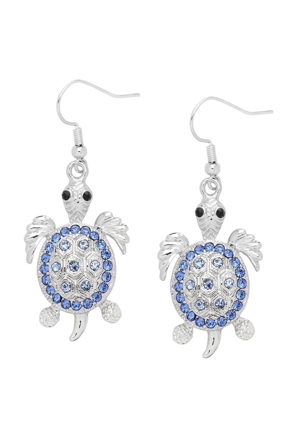Sea Turtle Earring Blue Rhinestone Crystal Rhodium Plated E0781-BL