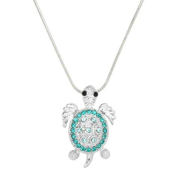 Sea Turtle Pendant Necklace or Earring Blue Zircon Rhinestone Crystal Rhodium Plated 17 Inch Snake Chain J0236-BZ