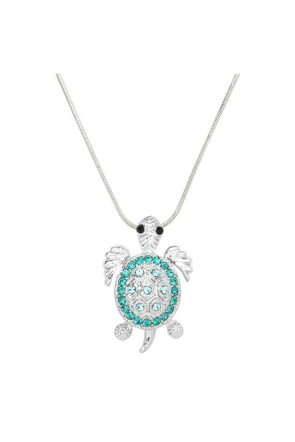 Sea Turtle Pendant Necklace or Earring Blue Zircon Rhinestone Crystal Rhodium Plated 17 Inch Snake Chain J0236-BZ
