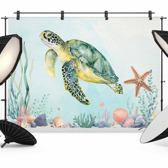 Sea Turtle Photography Backdrop 10x8FT, Teal Green Starfish Shell Marine Life Photo Backdrops, Background for Photography Studio Photo Studio Background, Back Drop for Photoshoot