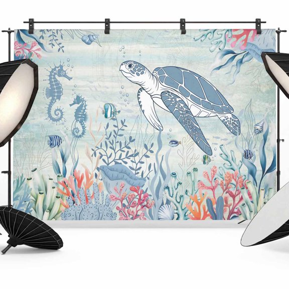 Sea Turtle Photography Backdrop 7x5FT, Watercolor Seaweed Fish Coral Seahorse Gradient Blue Yellow Photo Backdrops, Background for Photography Studio Photo Studio Background, Back Drop for Photoshoot