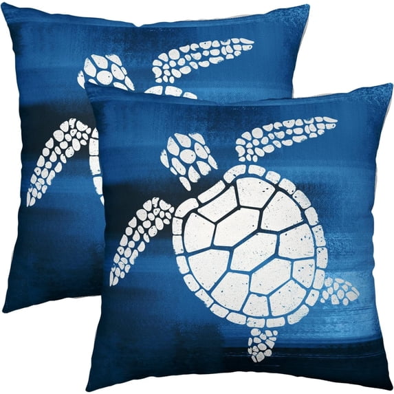 Sea Turtle Pillow Covers Beach Ocean Themed Decorative Pillow Cases 18x18 Set of 2 Nautical Coastal Pillowcase Navy Blue Square Linen Cushion Covers for Bed Couch Sofa Living Room