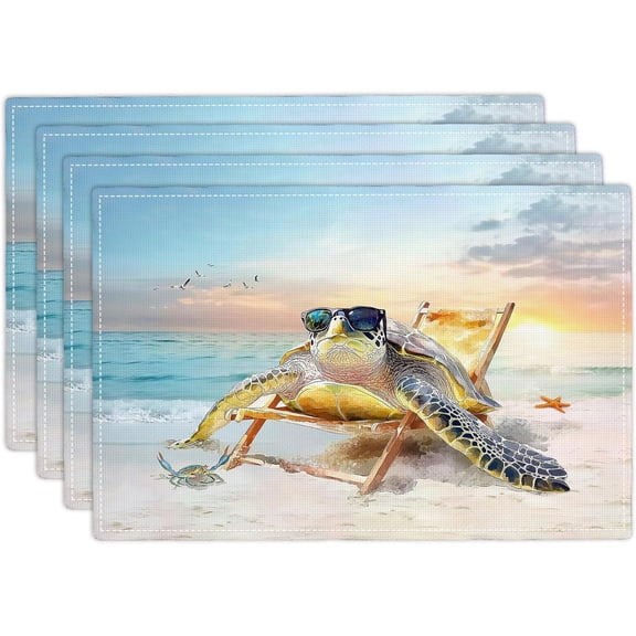 Sea Turtle Placemats Set of 4, 12x18 Inch Beach Coastal Table Place Mat Rustic Funny Turtle Washable Non-Slip Heat Resistant Fabric Placement Mats for Dining Kitchen Indoor Outdoor Decor