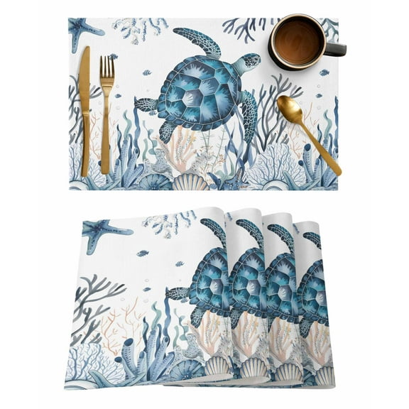 Sea Turtle Placemats Set of 4 Ocean Coral Starfish Seagrass Nautical Heat Insulation Washable Place Mats, Rustic Non-Slip Table Mats for Dining Table Party Kitchen Decor,13x19 Inch