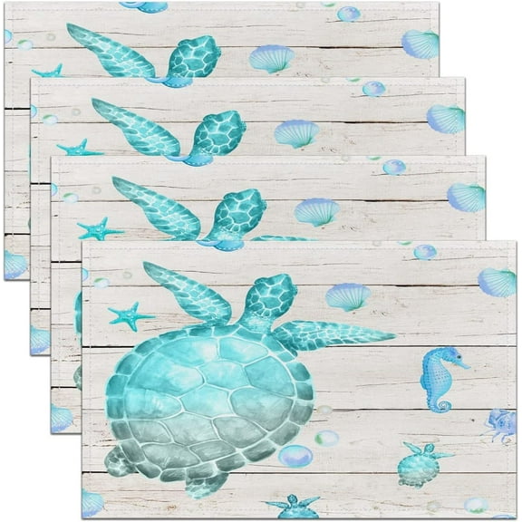 Sea Turtle Placemats Set of 4,Ocean Reptile Tortoise Placemats for Dining Table,Coastal Wood Grain Nautical Beach Teal Blue Washable Fabric Decoration Table Mats Placemat 18"x12"