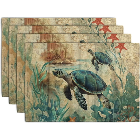Sea Turtle Placemats Set of 4 Summer Beach Seasonal Linen Table Mats 12x18 Inch Vintage Ocean Animal Heat Resistant Washable Non-Slip Place Mats for Party Kitchen Dining Decoration